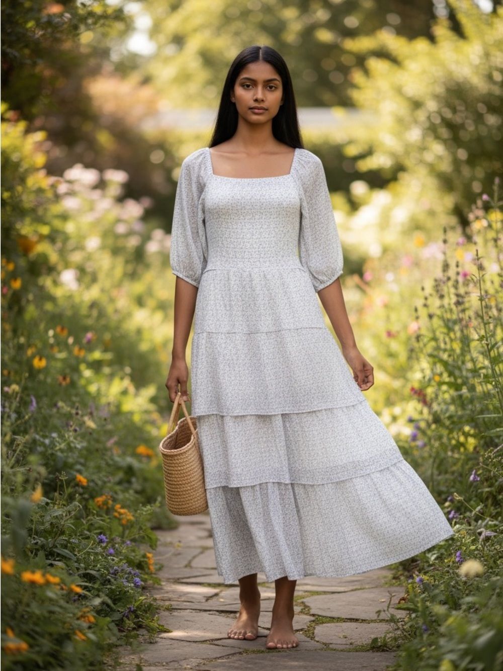 Kings Road boho cottagecore floral tiered smocked maxi dress cream & blue XL